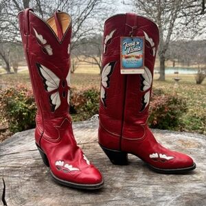 Tony Lama Red Leather Women's Western Boots with White Butterfly Inlays